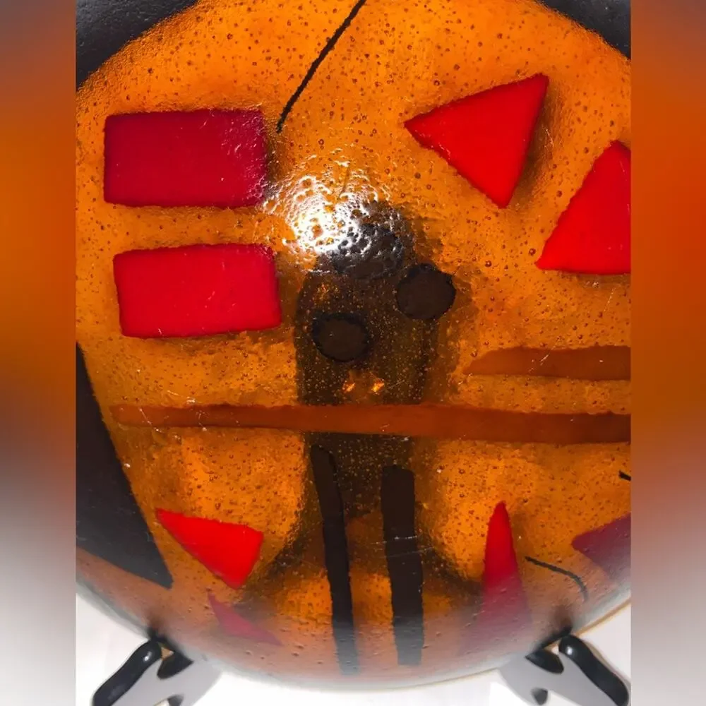 Fused Glass 10” Bowl Gold Red Blk Rim Geometric MCM no chips or cracks